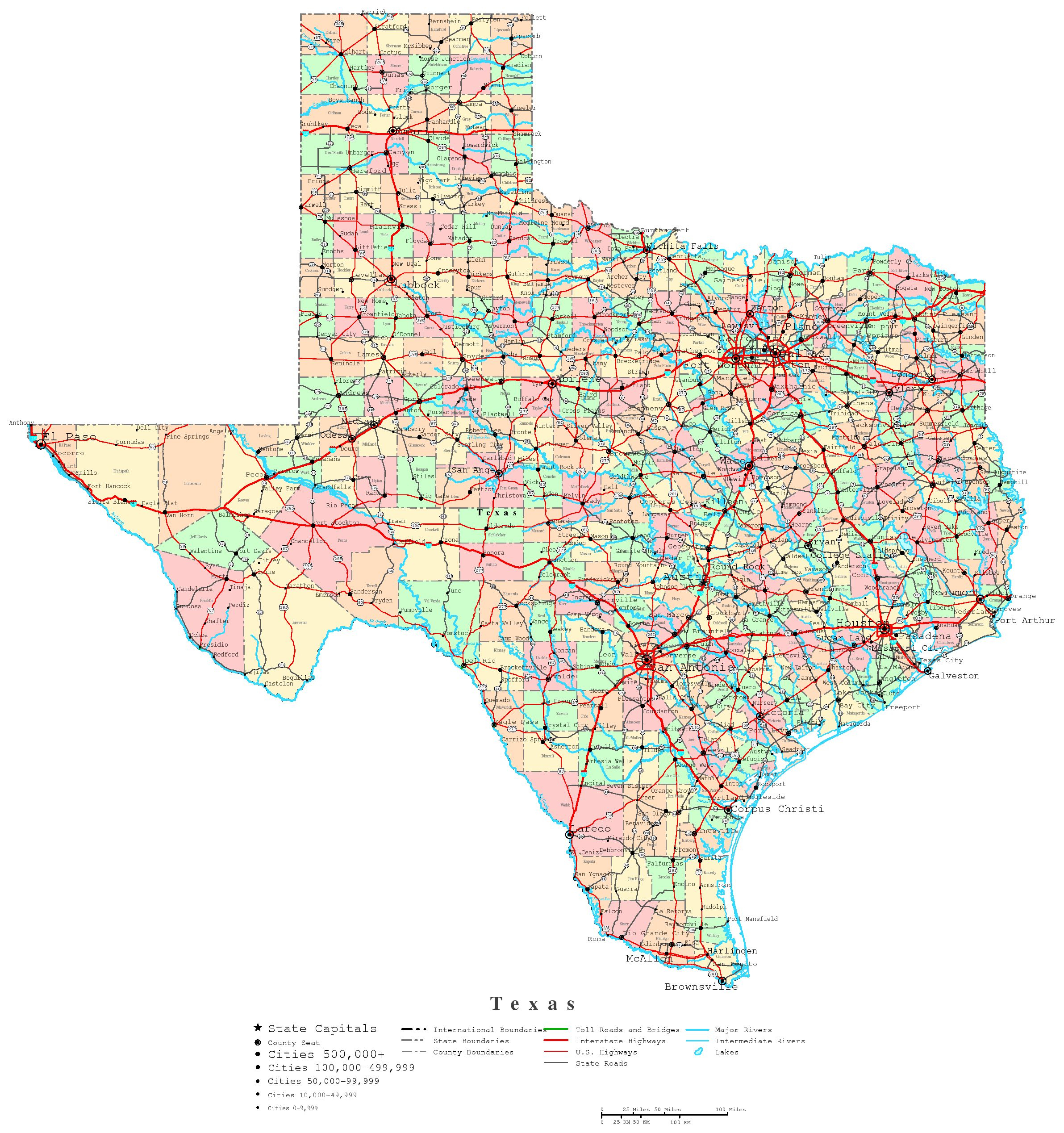 Texas Road Map With County Lines And Travel Information | Download - Texas Map With County Lines