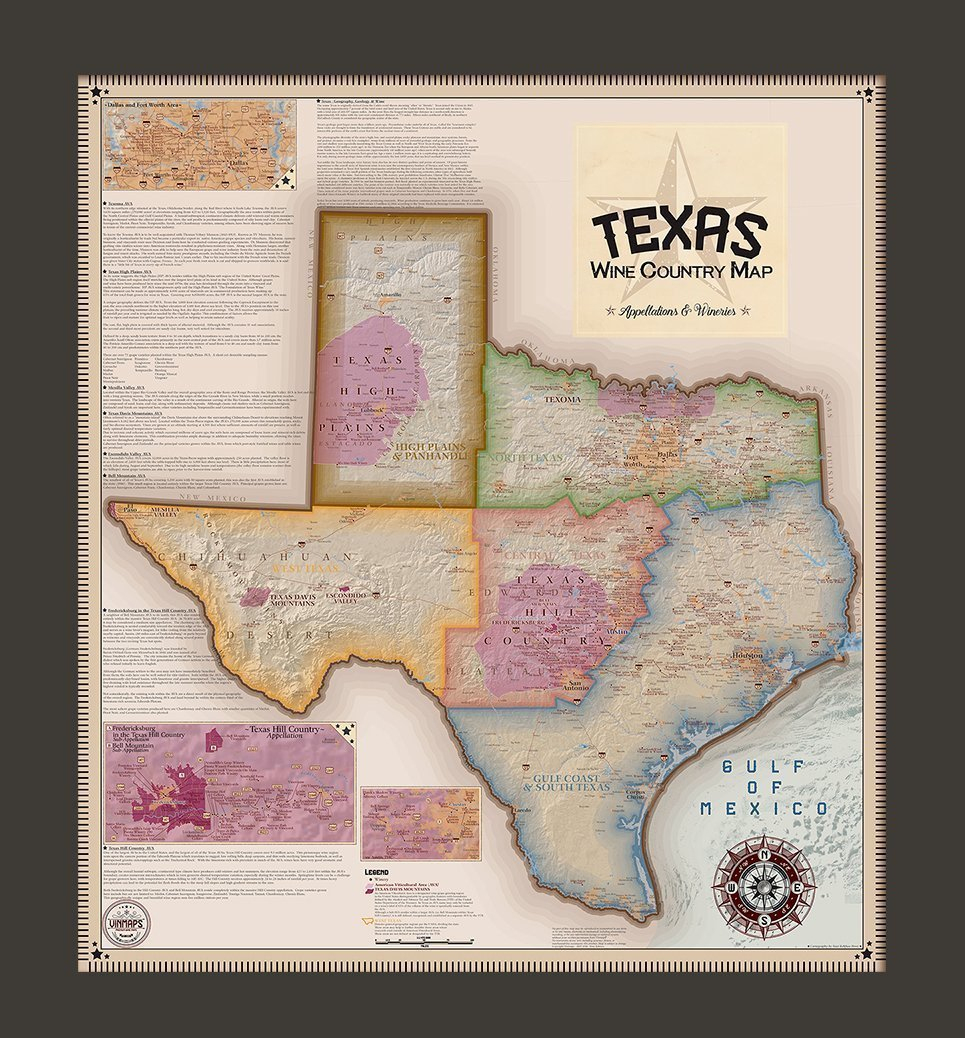 Texas Wine Country Map, Appellations &amp;amp; Wineries - Framed - Vinmaps® - Texas Wine Country Map