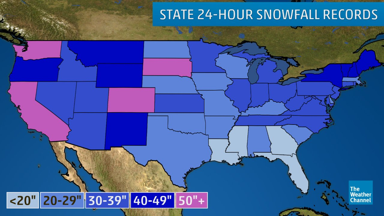 The Greatest 24-Hour Snowfalls In All 50 States | The Weather Channel - Weather Channel Florida Map