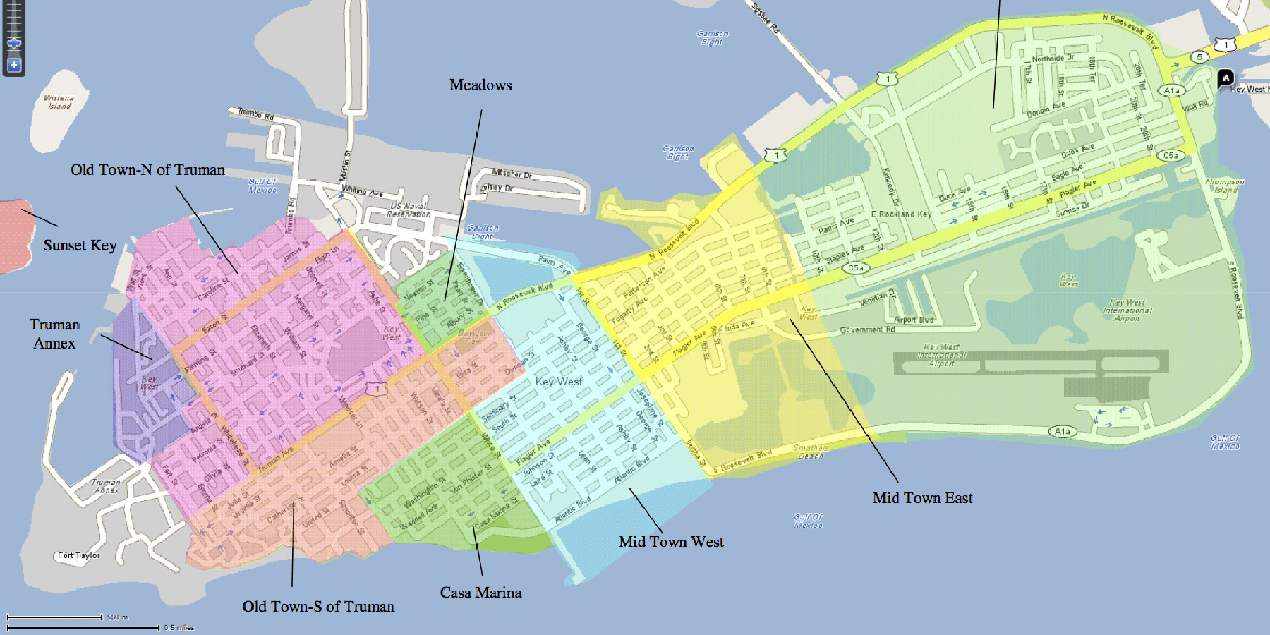 The Neighborhoods Of Key West | Historic Key West Vacation Rentals - Map Of Duval Street Key West Florida