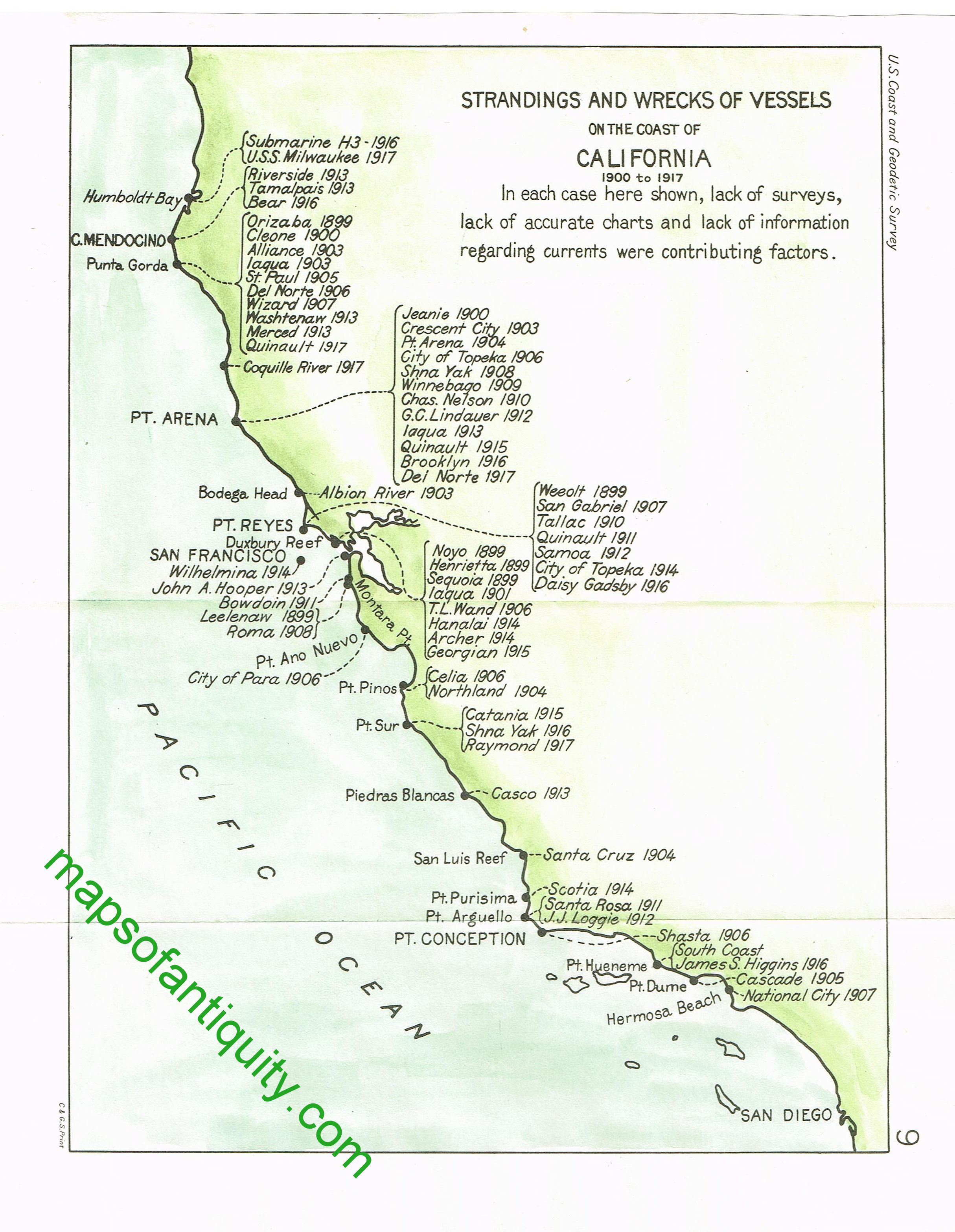 The Shipwrecks And Strandings Off The Coast Of California In The - California Shipwreck Map