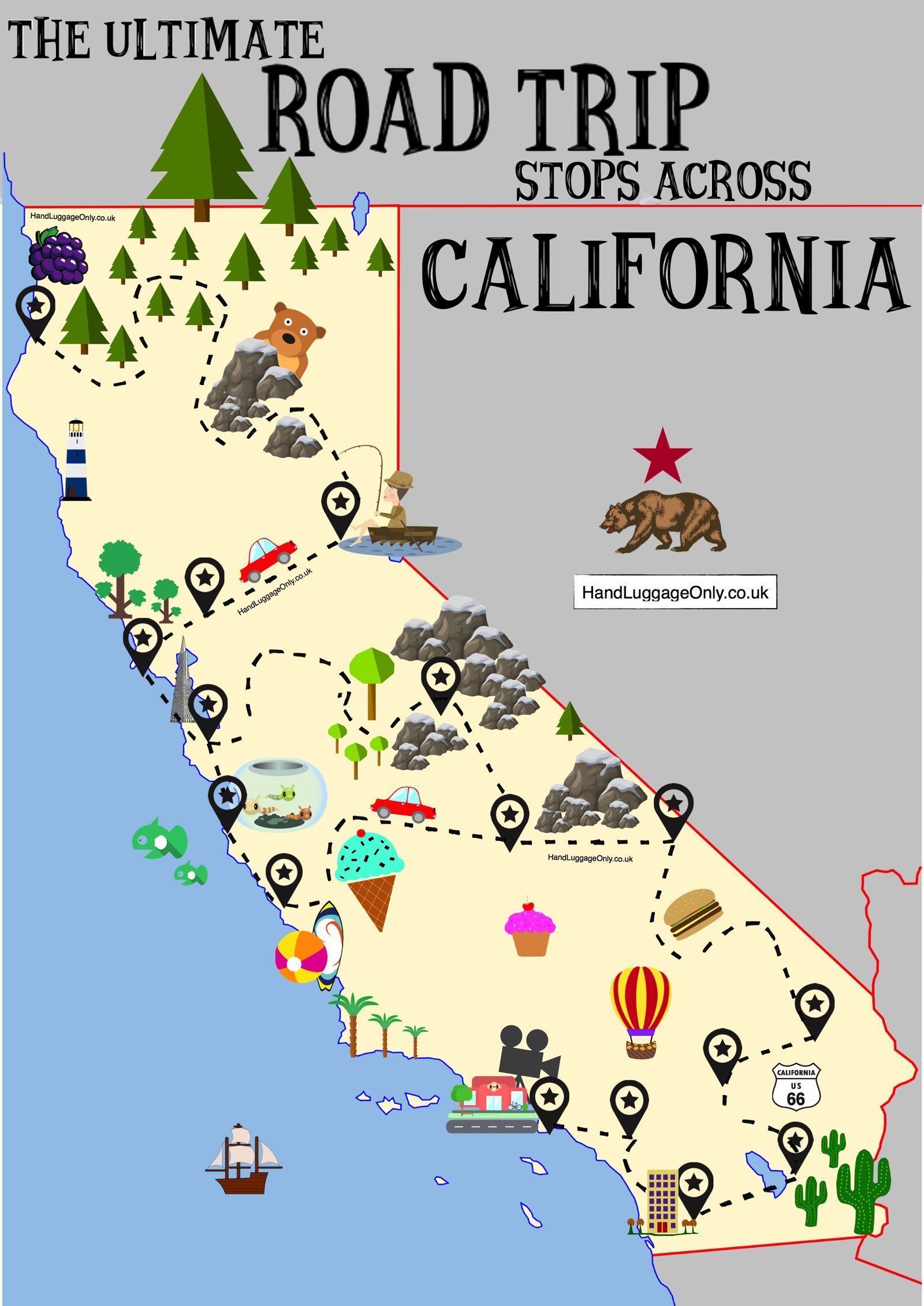 The Ultimate Road Trip Map Of Places To Visit In California | + - California Roadside Attractions Map