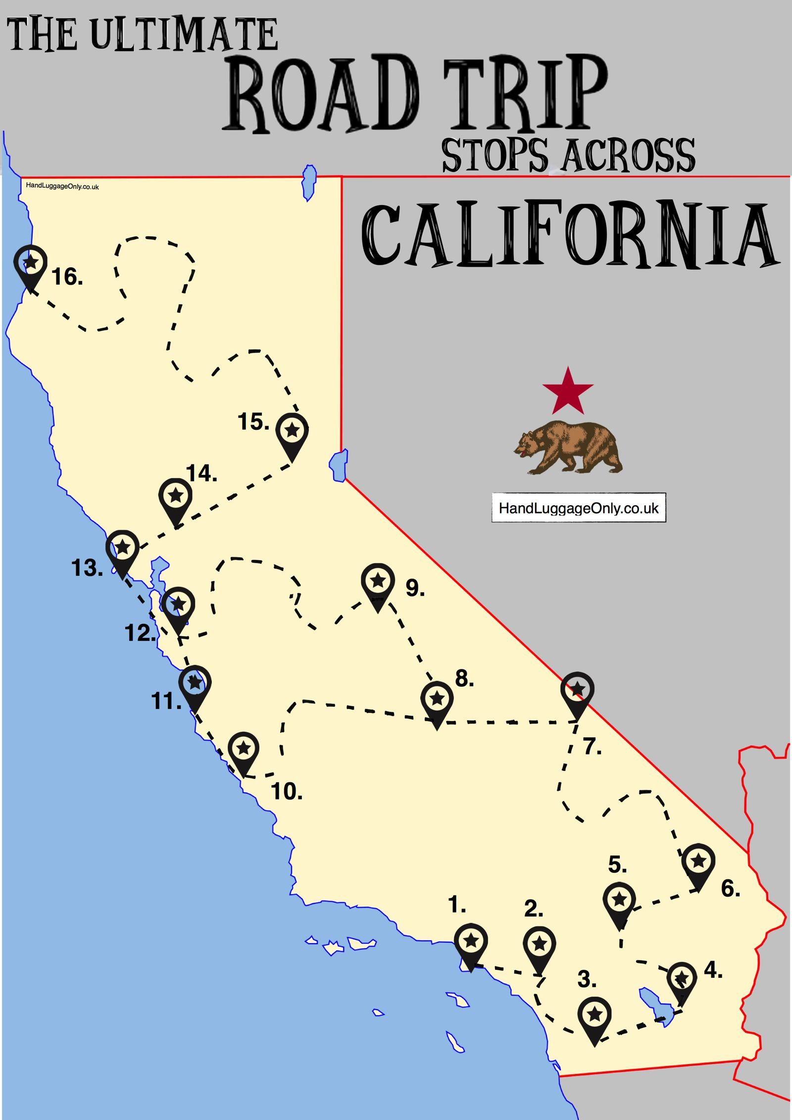 The Ultimate Road Trip Map Of Places To Visit In California - Hand - California Coast Map Road Trip