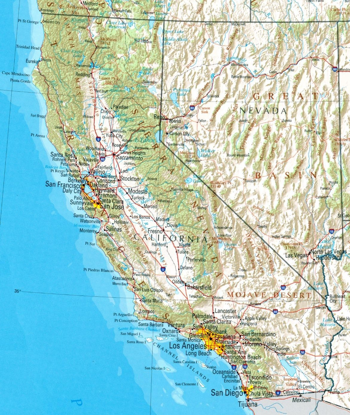 California Topographic Map With Cities - Map of world