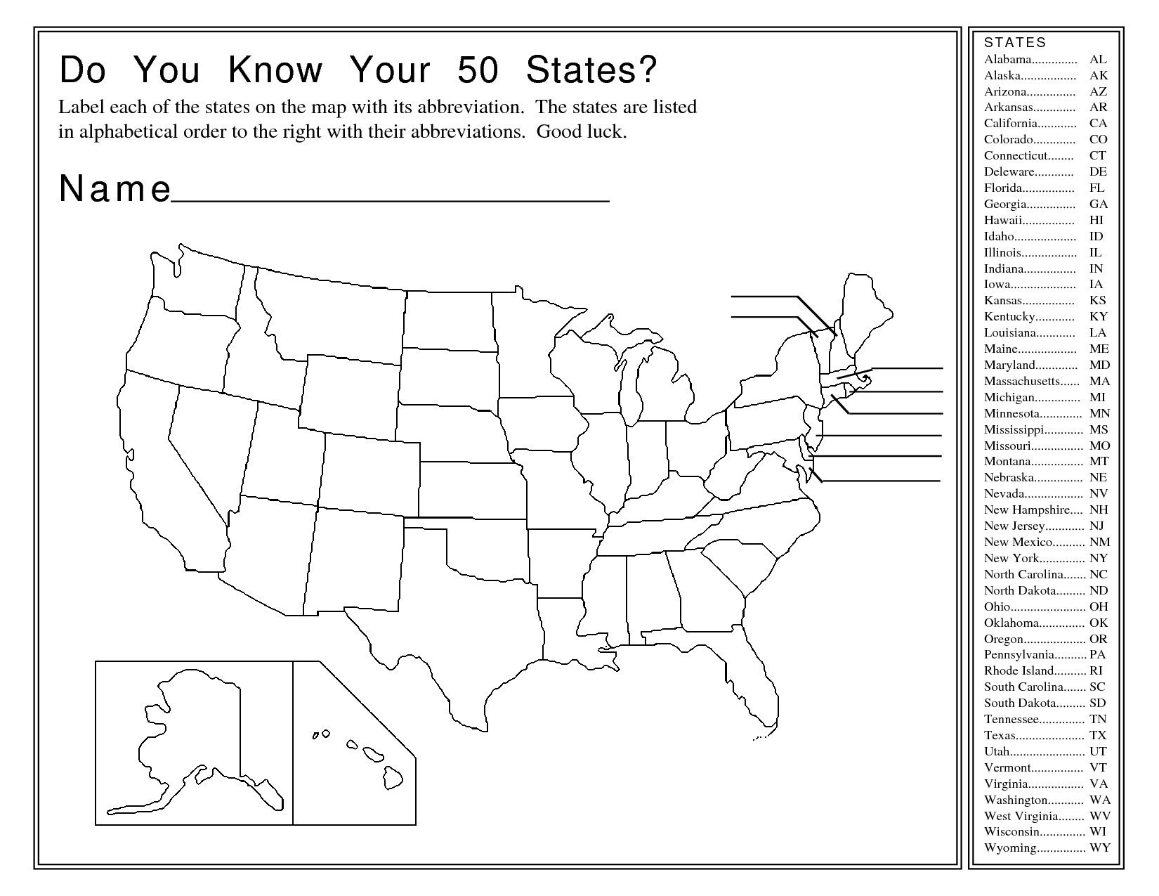 Printable States And Capitals Test