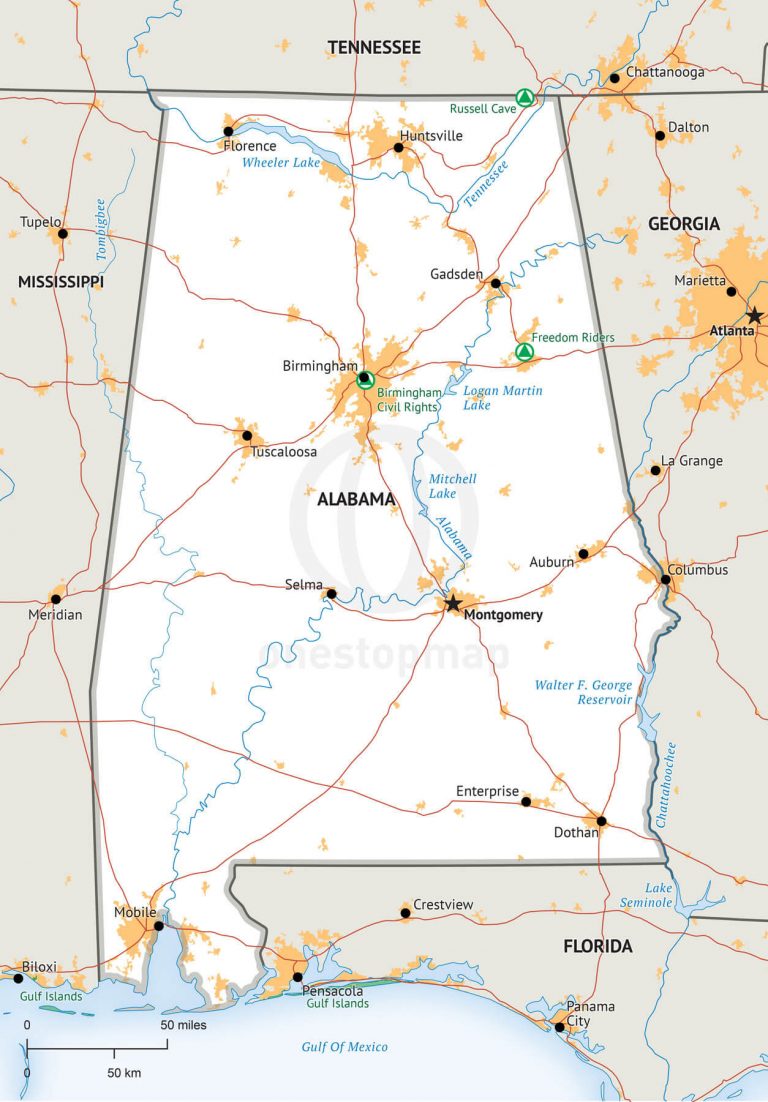 Vector Map Of Alabama Political | One Stop Map - Printable Map Of ...