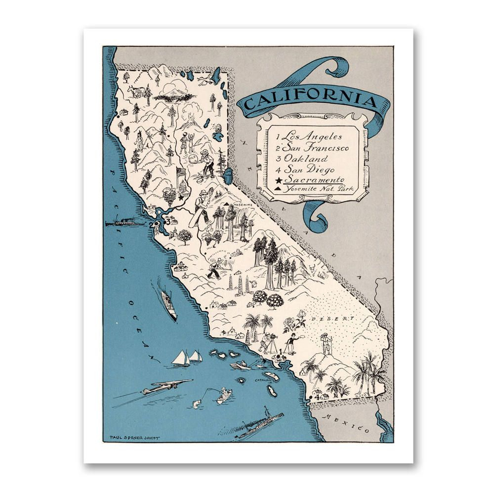 Vintage California Map Print, Antique 1931 Pictorial Map Of State Of - California Map Wall Art