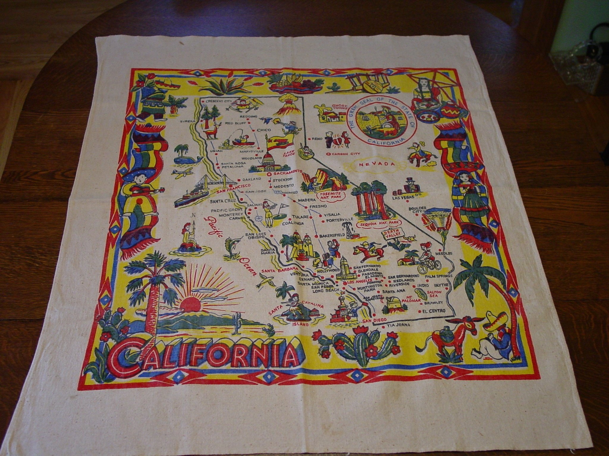 Vintage California Souvenir Map Tablecloth C.1940&amp;#039;s Hard | Etsy - Vintage California Map Tablecloth