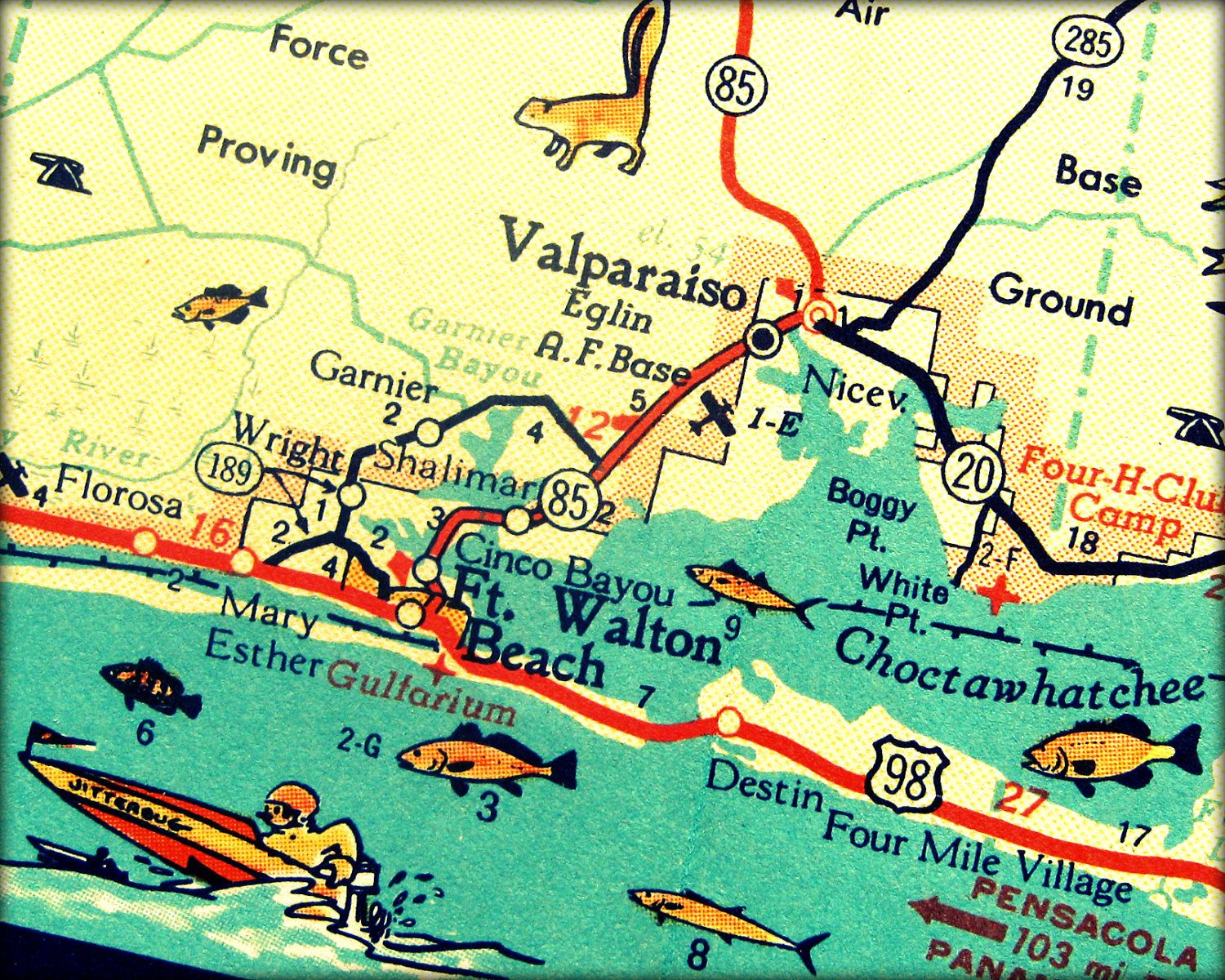 Vintage Map Art Of Destin Florida 8X10 Retro Map Ft Walton Beach - Destin Florida Map Of Beaches