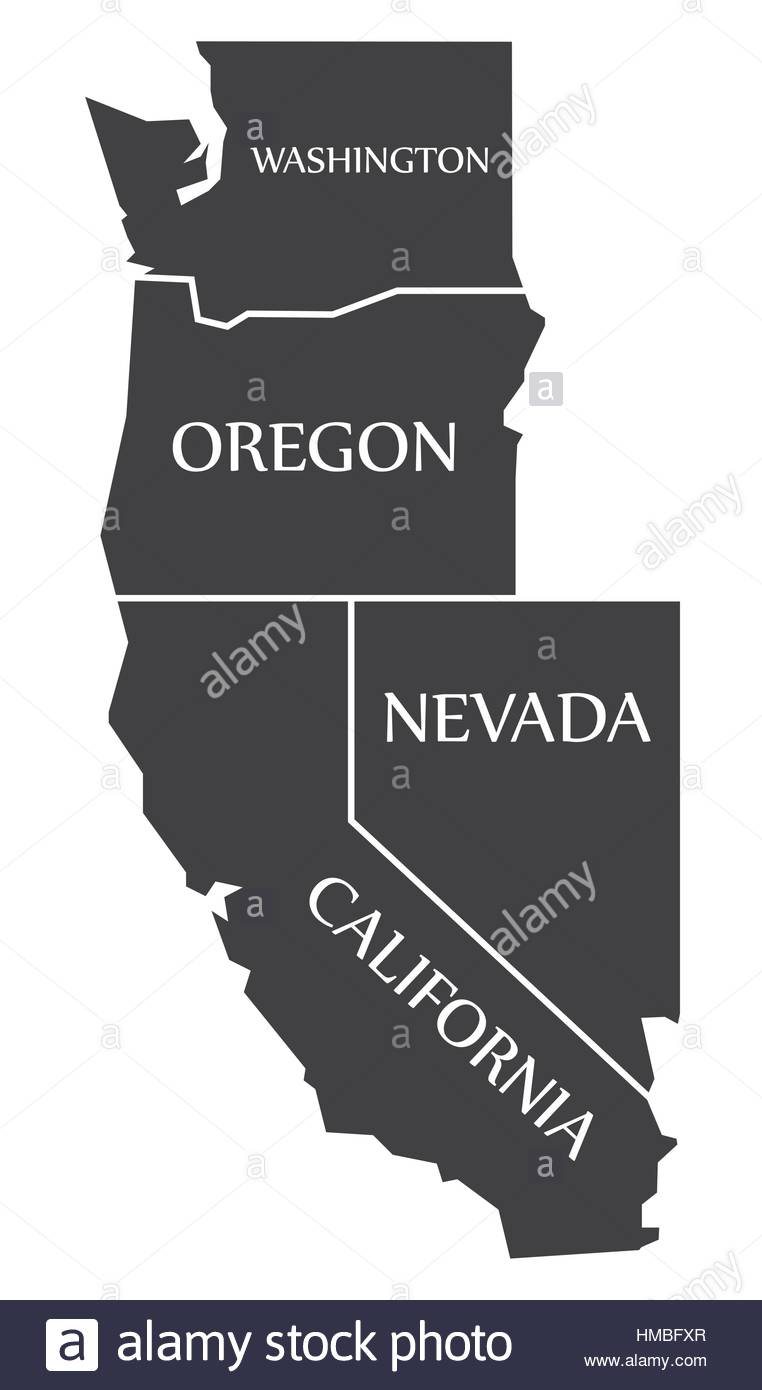 Washington - Oregon - Nevada - California Map Labelled Black Stock - California Oregon Washington Map