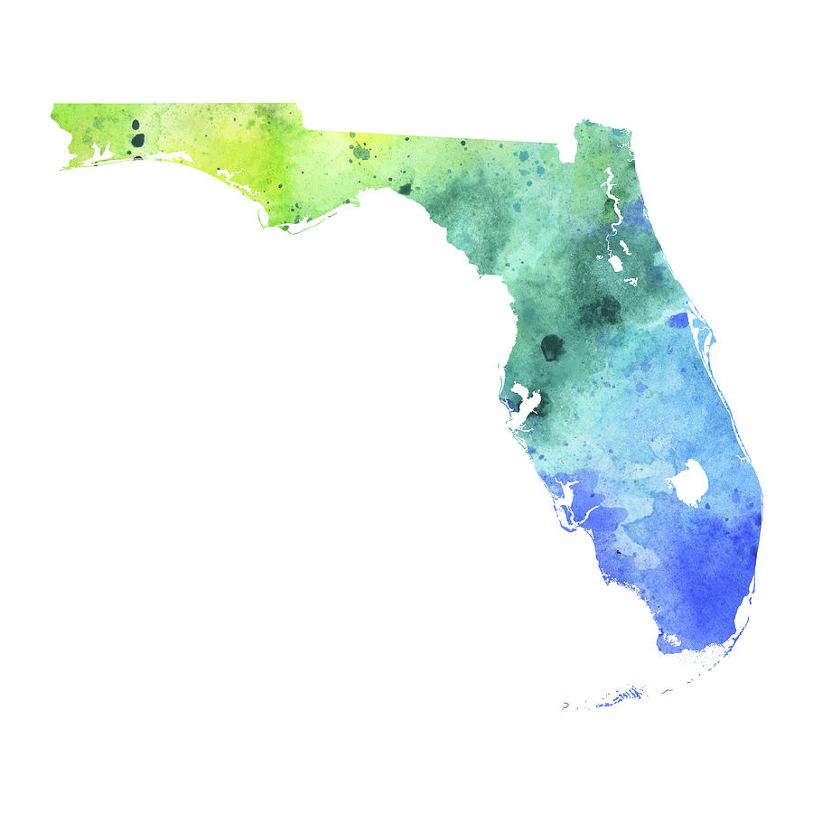 Watercolor Map Of Florida, In Blue And Green Paintingandrea Hill - Where Is Watercolor Florida On A Map