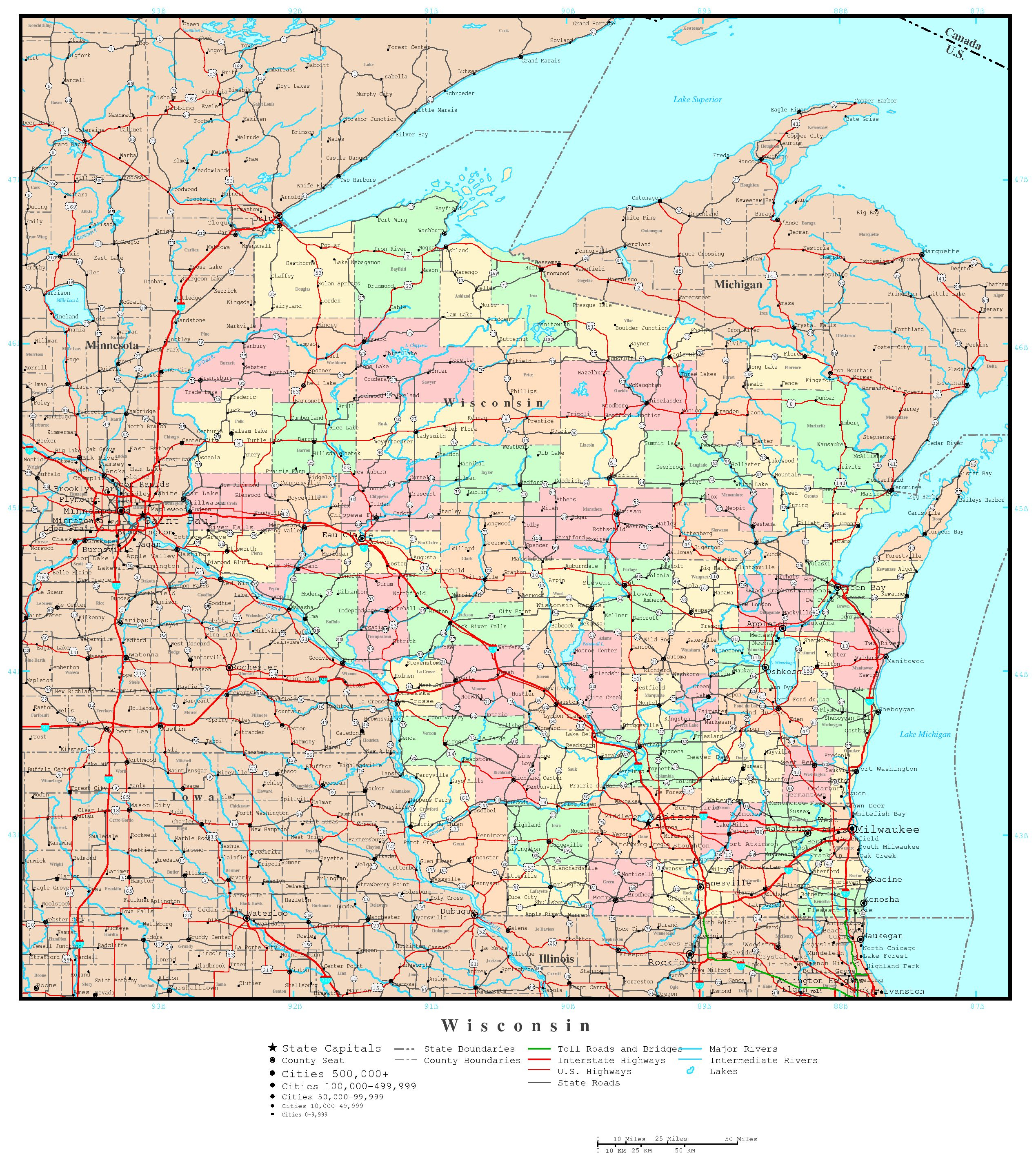 Wisconsin Printable Map - Wisconsin Road Map Printable