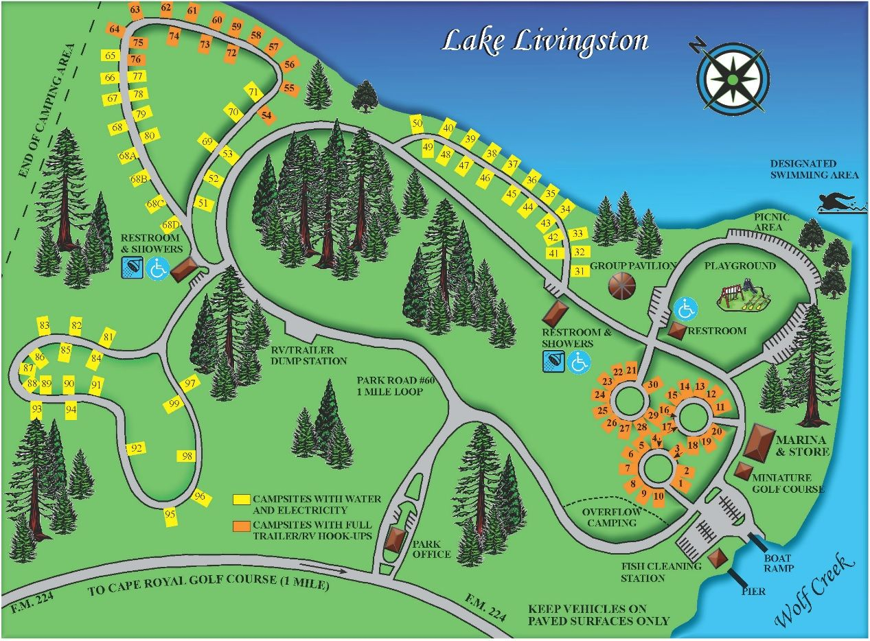 Wolf Creek Park Map - Lake Livingston, Coldspring, Tx. | Rving And - Texas Rv Parks Map