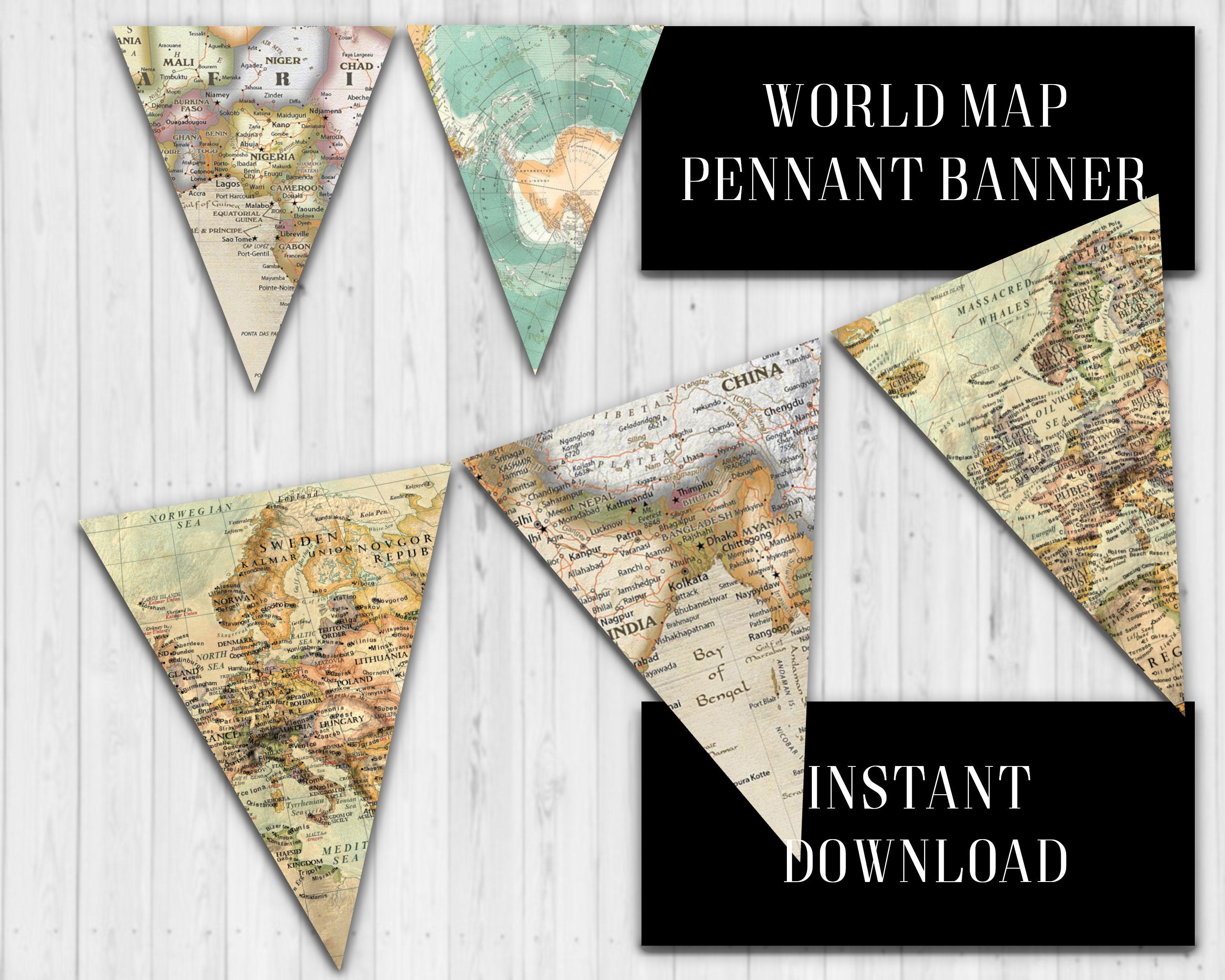 World Map Pennant Banner Vintage World Map Banner Classroom | Etsy - Printable Map Banner