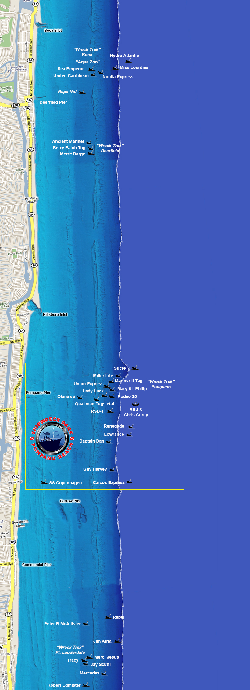 Wreck Diving Sites - South Florida Diving Headquarters - Florida Wreck Diving Map