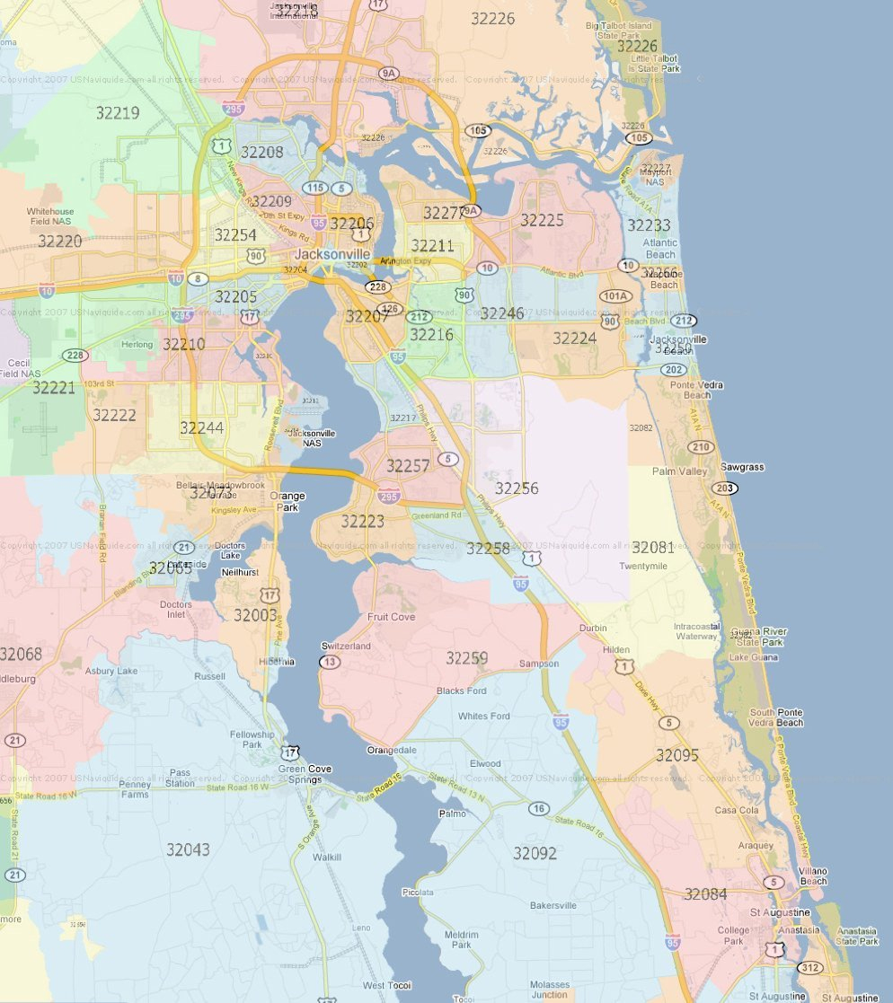 Zip Code Map Jacksonville Florida | Jacksonville Zip Codes - Fleming Island Florida Map